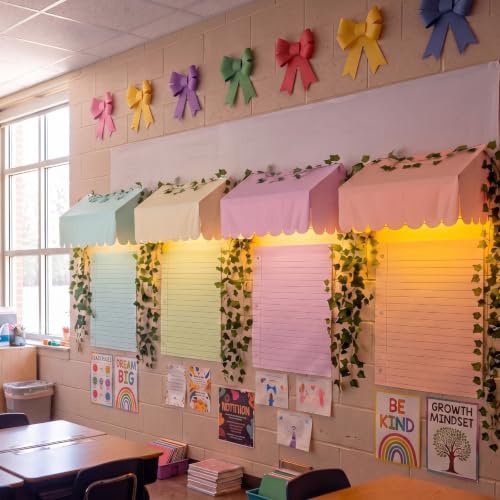 Epakh 20 Pcs Back to School Classroom Awning Decor Kit, Pastel | Bulletin Board Canopy with Lined Paper Posters, Grapevine Leaves Garlands, Warm LED Lights, for Classrooms School Chalkboard