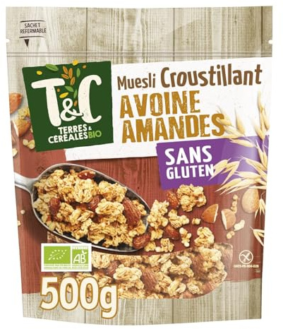 TERRES & CEREALES BIO Muesli Croustillant Avoine Amandes Sans Gluten Bio 500g - Lot de 3