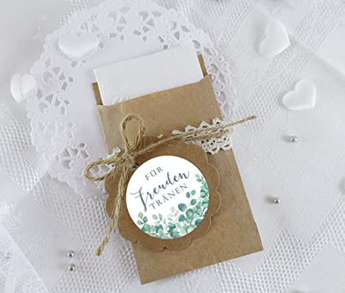 Freuden Tränen Taschentücher Set zur Hochzeit 48 Sticker + 48 braune Flachbeutel 63 x 93 mm Freudentränen Taschentuch Verpackung GRÜN WEIß BOHO HIPPIE EUKALYPTUS BLÄTTER ZWEIGE