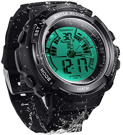 Orologio subacqueo subacqueo subacqueo impermeabile 100 m, cronometro sommergibile con funzione di allarme, supporto doppio fuso orario, formato 12/24 ore, movimento digitale e analogico