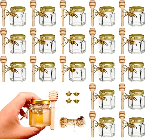 Adabocute Lot de 20 mini pots à miel en verre avec cuillère à miel pour fête prénatale, cadeaux de fête et cadeaux de mariage, couvercle doré, pendentifs abeilles, sacs en organza doré, 42,5 g