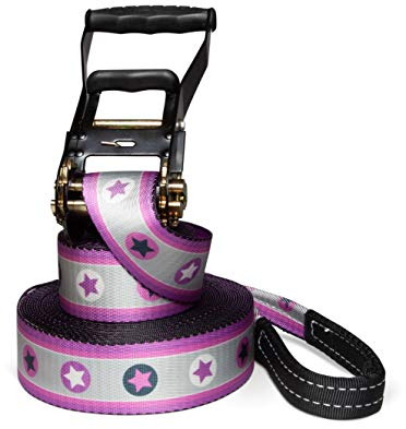 Slackline Set, Sterne pink, 15 Meter Länge, Komplettset für Kinder, Anfänger und Familien, inklusive Halteseil und Tragebeutel (15)
