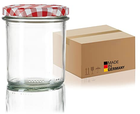 BigDean 24x Sturzgläser 350ml - Einmachgläser Einweckgläser Schraubgläser - Made in Germany - Marmeladengläser mit Schraub-Deckel TO 82 - Rot kariert