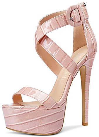NobleOnly Escarpins Femme Plateforme Bout Ouvert Sandale Bride Cheville 15CM Aiguilles High Heels Rose Chaussures EU 37