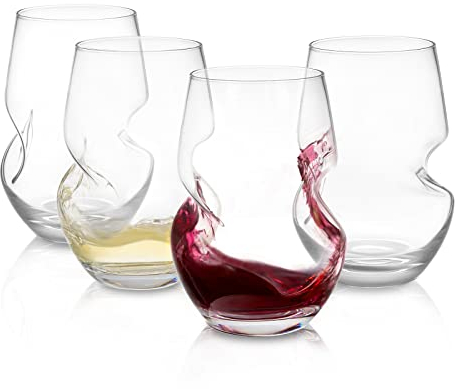 Joeyan Stemless Wine Glasses Set of 4-400ml Red White Wine Cups - Curve Design Crystal Wine Tumblers with Finger Grip for Wine Tasting, Wedding, Anniversary, Party Gifts