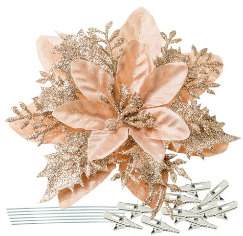 GL-Turelfies 12 flores artificiales de pascua de Navidad con clips y purpurina, adornos para árbol de Navidad, 15 cm, color champán