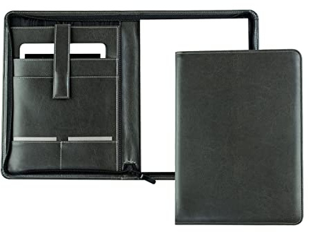 DELMON VARONE - Tablet Schreibmappe mit Reißverschluss inkl. Notizblock DIN A4 aus veganem Eco Kunstleder Grau - Organizer Konferenz Mappe mit Stifthalter & Einsteckfach - Dokumentenmappe