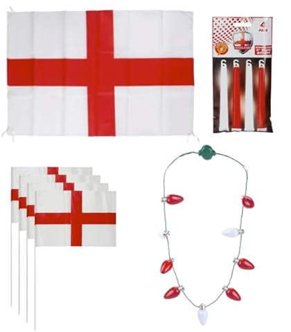 England Football Decorations St George England Flag with String 76cm x 50cm PLUS x4 St George Plastic Hand Flags with Sticks 12” x 8” Red & White 9 Bulb Necklace & x4 Glow Sticks