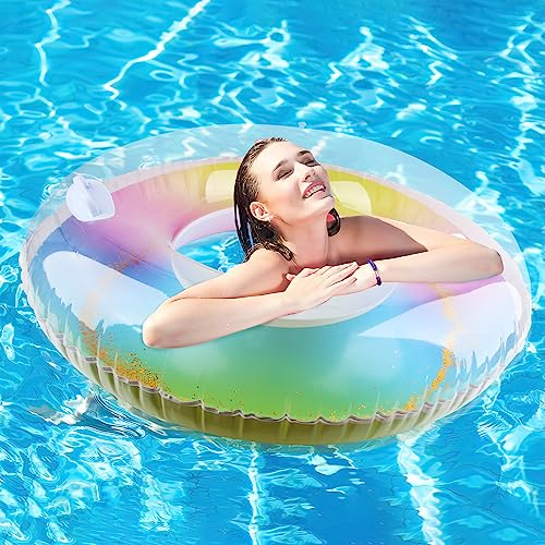 Hillylolly uppblåsbar boj, glitterring, simring, poolboj, poolflotta för barn och vuxna, transparent glitterboj, uppblåsbara vattenspel för pool och strand-100 cm