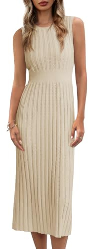 Danedvi Women's Sleeveless Midi Tank Dress Basic Ribbed Knit Crewneck 2025 Fall Trendy Bodycon Sweater Dresses Beige