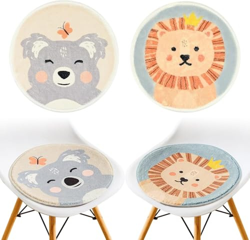 Yibang Juego de 2 cojines redondos para silla infantil, diseño de animales de dibujos animados, cojín de suelo para habitación de los niños, cojín redondo de 30 x 30 cm, cojín de asiento suave de