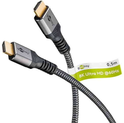goobay 64999 Câble HDMI 2.1 Ultra High Speed/résolutions UHD jusqu'à 8K @ 60 et 4K @ 120 Hz/Rallonge HDMI pour PS5, Xbox, Apple TV 4k / Prises dorées empêchent la corrosion/Gris / 0,5 m