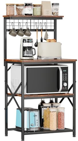 Furologee Kitchen Bakers Rack with Hutch, Coffee Bar Station 4 Tiers, Microwave Oven Stand with 6 S Hooks and Pegboard, Kitchen Microwave Rack for Spice Organizer Workstation, Rustic Brown