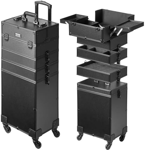 VEVOR 5 in 1 Professional Makeup Train Case, Aluminum Cosmetic Case, Rolling Extra Large Trolley Travel Organizer With 360° Swivel Wheels & Adjustable Pull Rod, Black