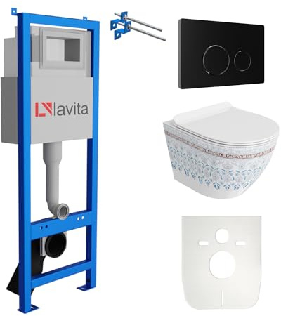 Lavita LAV 101 Vorwandelement für WC 40cm + Wand Hänge Tiefspül WC SOFI SLIM FOLKLOR Spülrandlos + Bedienplatte LAV 200.4.4 Schwarz | Komplettset | Unterputz Spülkasten | Toilette Komplett Sett