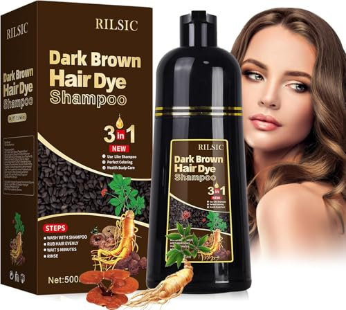 RILSIC 500ML Champú Tinte Pelo Castaño Oscuro,Black Hair Dye Shampoo 3 en 1, Champú Color Champu Tinte Canas Instantáneo Cubre Canas,Tinte Pelo Barba Champu Canas, Hair Color para Hombres Mujeres