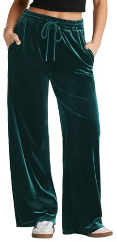 Herseas Women's Velvet Pants Drawstring Waist Sweatpant Wide Leg Y2k Clothes Green Comfy Lounging Pants Large