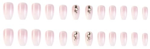 QEQSHQO 24 pièces Ongles Faux Français, Ongles Autocollants Carrés, Design Strass, pour Femmes et Filles (Carré, Rose, Brillant)