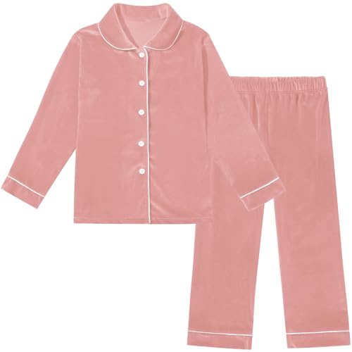 WISREMT Kids Velvet Pyjama Set, Cozy Holiday Sleepwear, Pink, 8-9 Years