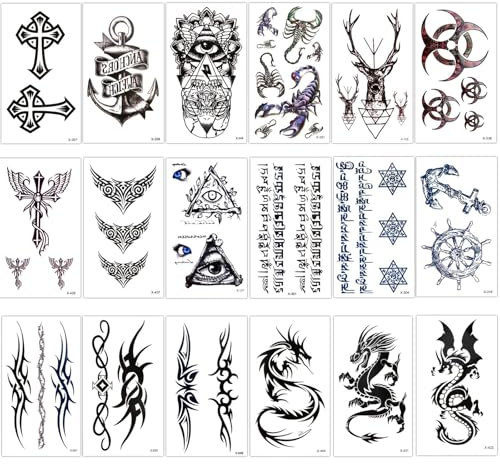 HTTDSLF 18 Hojas Tatuajes Temporales para Adultos Hombre, Negro Tatuajes Falsos, TTatuajes Temporales Adultos Impermeables, Tatuaje Temporal Impermeable de Brazo Completo para Hombres, Tatuaje Falso
