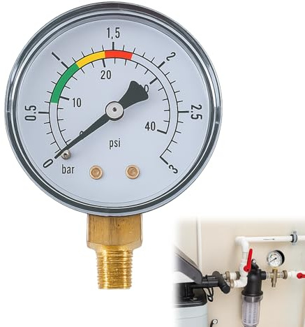 Menibeuty Manometre Piscine, 1/4 BSPT Manomètre De Pression D'eau Glycérine Pression Eau Manometre Piscine Filtre A Sable Pour Piscine Pour Piscine Et Spa Mesure 53mm