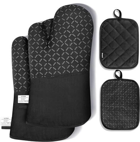 Oven Gloves Heat Resistant Pot Holders 4Pcs Set - Oven Mitts Heat Resistant up to 300°C, Non-Slip Silicone Oven Gloves for Home Essentials, Cooking, Baking, Kitchen, BBQ, Black