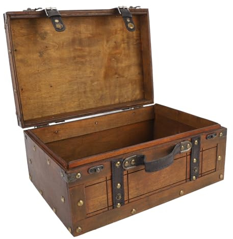 Sonew Vintage Distressed Wooden Storage Trunk with Textured Leather Handle for Multipurpose Use - Portable Antique Style Wood Chest for Clothes, Toys, and Photo Props (Large)