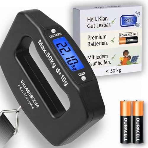 Villageboom Bilancia digitale per valigie con pratica cinghia – Bilancia per bagagli fino a 50 kg con grande display e funzione tara – Include 2 batterie AAA a lunga durata – Supporta progetti solari