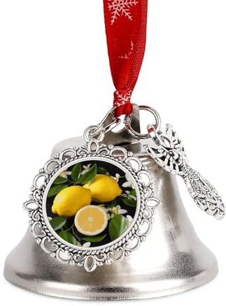 Christmas Bells Ornaments - Lemon and Flower Xmas Jingle Bells Silver DIY Hanging Pendant, Vintage Rustic Wing Bell for Xmas Tree, Wreath, Holiday Wedding Home Decor