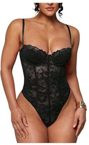 SweatyRocks Women's Sheer Lace Spaghetti Strap Underwire Bodysuit Corset Tops Sexy Skinny Leotard Black Small