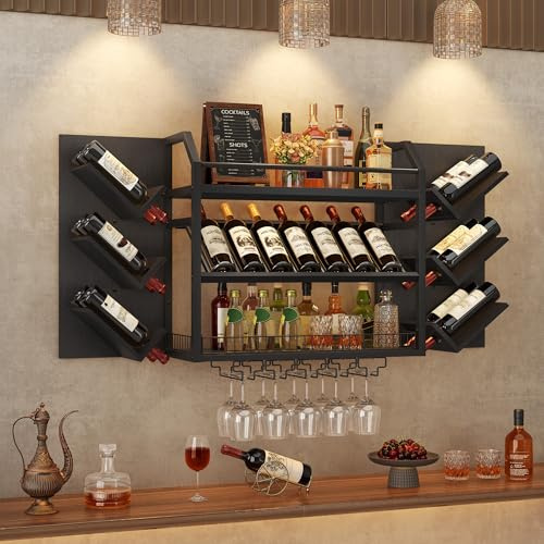 Hoctieon 48.2in Wall Mounted Wine Rack, 3 Tier Hanging Wine Racks with Glass Holder, Large Capacity Bar Shelves, Metal Wood Bottle Display Storage for Kitchen, Home Bar, Dining Room, Black