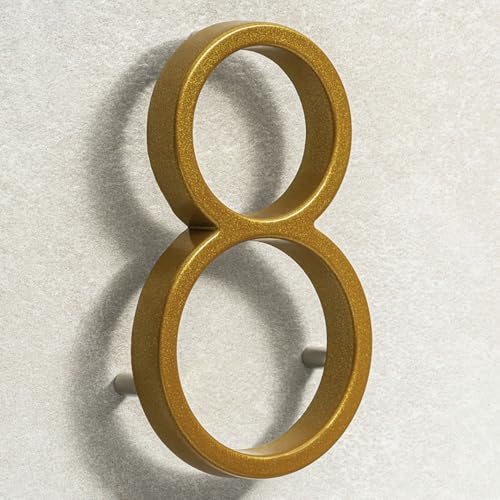 House Signs Direct Floating 3D Metal House Number, 5 Inch, Gold, Number 8 | Weatherproof 5-inch floating door number with waterproof finish and easy-install spacers, zinc alloy finish.