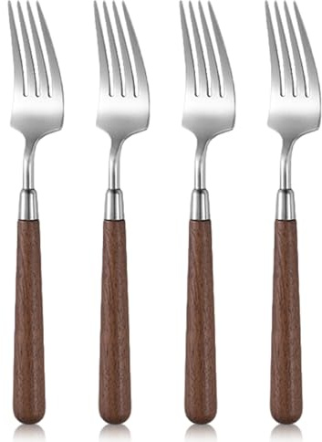 4 tenedores de cubiertos, 8 x 1 pulgadas, tenedores plateados de acero inoxidable con mango de madera, fácil de limpiar, pulido de espejo, vajilla para el hogar, cocina, restaurante, postre