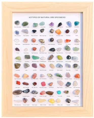 Lot de 80 pierres précieuses assorties dans un cadre en cristal, collection de pierres naturelles avec cadre en bois, variété de pierres précieuses colorées, parfaites pour une pendaison de