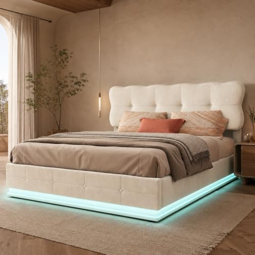Cama Baúl 140x190,Cama Rellena LED Almacenamiento Hidráulica Cama Tapizada con Cajón de Cama Doble con Almacenamiento Cama Funcional Juvenil con Cabecero y Somier de Lamas (Beige+Velor)