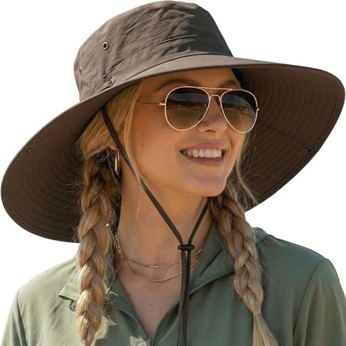 Sonnenhut Damen mit UPF 50+ Schutz, 12 cm Breite Krempe, Faltbarer Sommerhut mit Kinnriemen, 2 Trageweisen Fischerhut/Cowboyhut, Atmungsaktiv inkl. 5 Schweißpads – Outdoor Strandhut Wandern (Olivgrün)