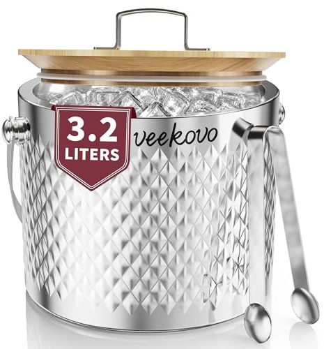 3.2L Insulated Ice Bucket with Lid and Tongs, Double Wall Stainless Steel Ice Bucket, Teakwood Finish, BPA Free Ice Bucket, Perfect for Home Bars, Pubs, Restaurants, BBQs and Gift (Diamond Finish)