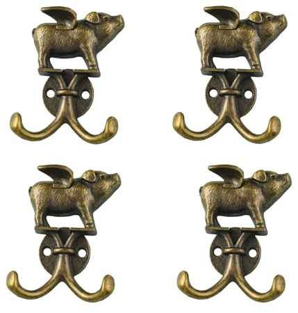 KxrTpx Antique Brass Coat Hooks, Decorative Brass Door Hooks and Key Hooks Wall Mounted, Set of Four Antique Brass Hooks for Wall Organisation, Solid Brass Construction with Traditional Design