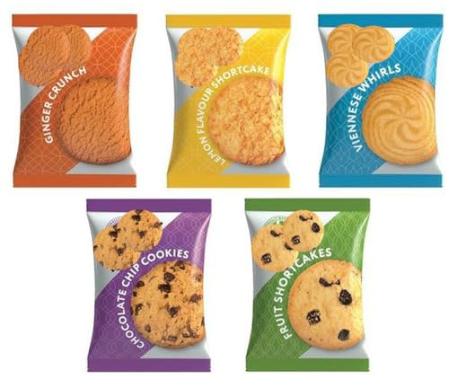 Assorted Mini Biscuit Packs 30g x 100 – 5 Flavours Variety Box, Ginger Crunch, Viennese Whirl, Fruit & Lemon Shortcake, Chocolate Chip Cookies - brnt