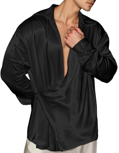 Eauptffy Camisa de satén para hombre, de seda, con botones completos, camisa de satén con aspecto envolvente, camiseta de manga larga, transpirable, cuello en V, camisas de manga larga, monocolor