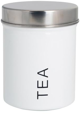 Harbour Housewares Metal Tea Storage Canister - White - 1x Round Retro Food Storage Canister Tea Bag Caddy Food Preservation Container Tin with Airtight Fit Lid for Kitchen Organisation & Home Décor