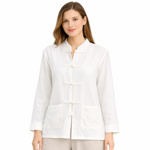 Lazutom Tunique pour Femme en Coton et Lin avec Bouton Grenouille et col Mandarin pour Arts Martiaux Chinois Kung Fu Tai Chi, Blanc, Taille Unique