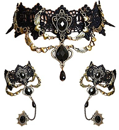 Daimay Gotisch Choker Halskette Armbänder Schmuck 3 PCS Halsband Ketten Victorian Steampunk Retro Zahnräder Spitze Vampir Slave Armband für Halloween Ostern Lolita Spitze Schwarz Geschenk- Stil 2