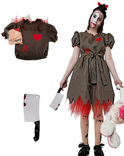Gojoy shop- Disfraz de Muñeca Zombi y Cuchillo de Broma para Mujeres Halloween Carnaval (Contiene:Cuchillo,Vestido,Alfileres para Pelo,Pantys y Mochila de Cuerdas.Talla Unica)