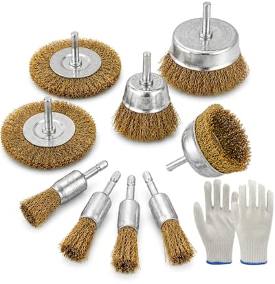 LESNIC 9 Pcs Wire Brush Set with Gloves, 1/4 Shank Drill Brush Kit | Brass coated cup wheel & end brushes, paint stripping, metal cleaning, rust removal drill attachment, safety gloves included