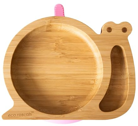 eco rascals Schneckenförmiger natürlicher Bambus-Teller für Babys und Kleinkinder, Schneckenförmiger Baby-Saugnapfteller zum Entwöhnen mit Zwei Abschnitten, Abnehmbarer Saugfuß (Rosa)