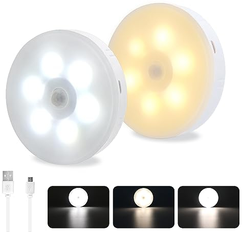 Akynite 0.5W Luz Nocturna con Sensor de Movimiento, USB Recargable con Pilas, 3 Modos de Luz, Lámpara Nocturna Automático, Luces LED Magnética Infantil para Pasillo Armario Escaleras Baño, 3pcs