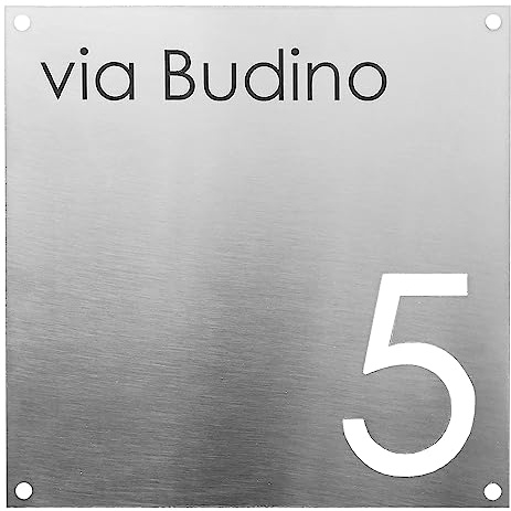 GUIZZO Creart - Numero Civico Esterno in Acciaio Inox, Targa Personalizzata con Numeri Civici Esterni, Via e/o Famiglia e Nomi Made in Italy, Targhetta Personalizzata Porta Ingresso Esterno, 12x12H cm