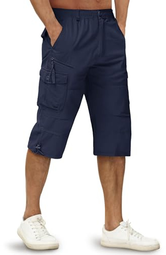 TACVASEN Hombre Pantalones Cortos Cargo Pantalones Cortos Casuales Algodón Ejército Pantalones Cortos Ligeros Transpirables Pantalones Cortos Cotton 3/4 Shorts Azul Marino