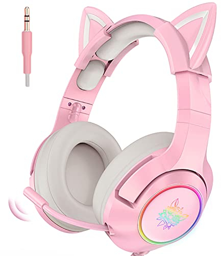 NiC IS COCNG Casque Oreillette De Chat, Casque De Jeu Rose avec Microphone, Oreilles De Chat Détachables, Son Surround Et Réducteur De Bruit Rétractable, Adapté Aux Casques De Toutes Les Filles